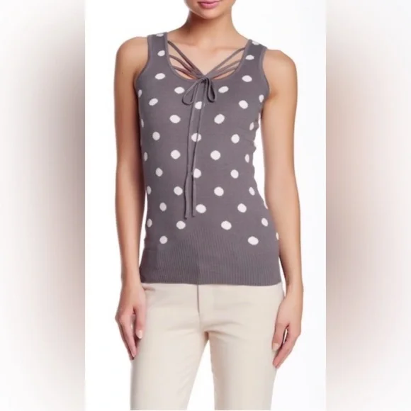 ANTHROPOLOGIE / BARASCHI Gray & White Polk Dot Strapy Knit Tank - Sz M - Picture 3 of 11